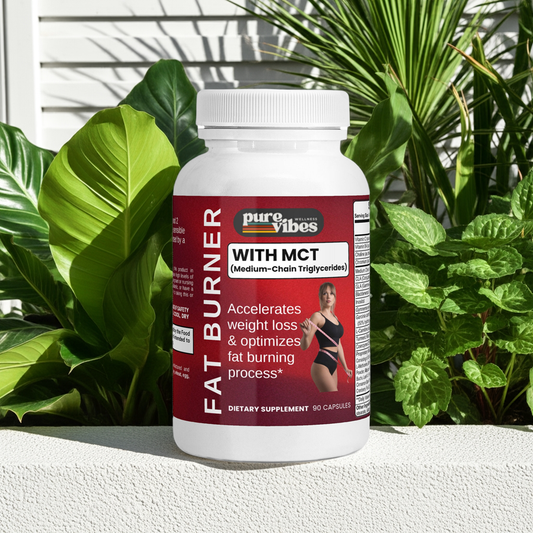 Fat burner supplement bottle with green plants in the background