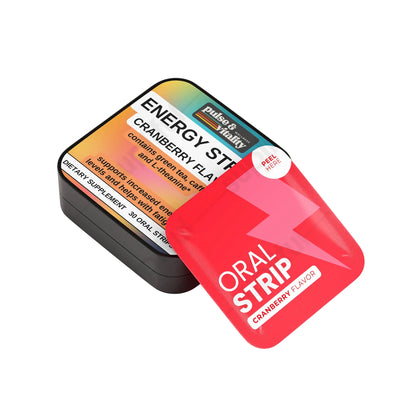 Cranberry flavored energy strip packaging with visible branding on a light gray background.