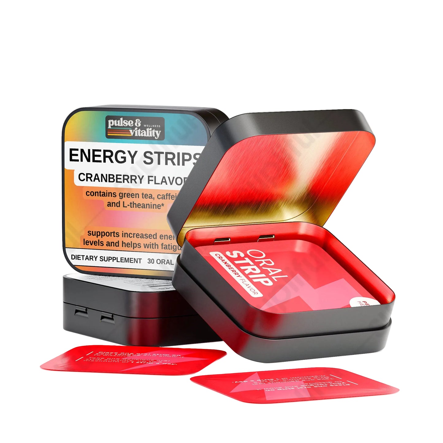 Oral strip packaging with red strips and black case on a white background