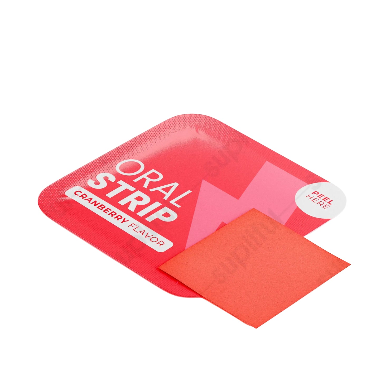 Red oral strip packaging with 'Cranberry Flavor' on a white background