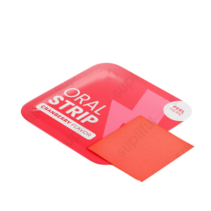 Red oral strip packaging with 'Cranberry Flavor' on a white background