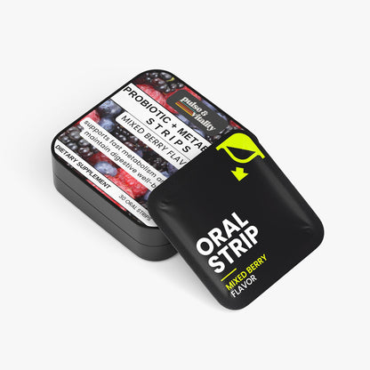 Black container of Oral Strip with 'Mixed Berry Flavor' text on a white background