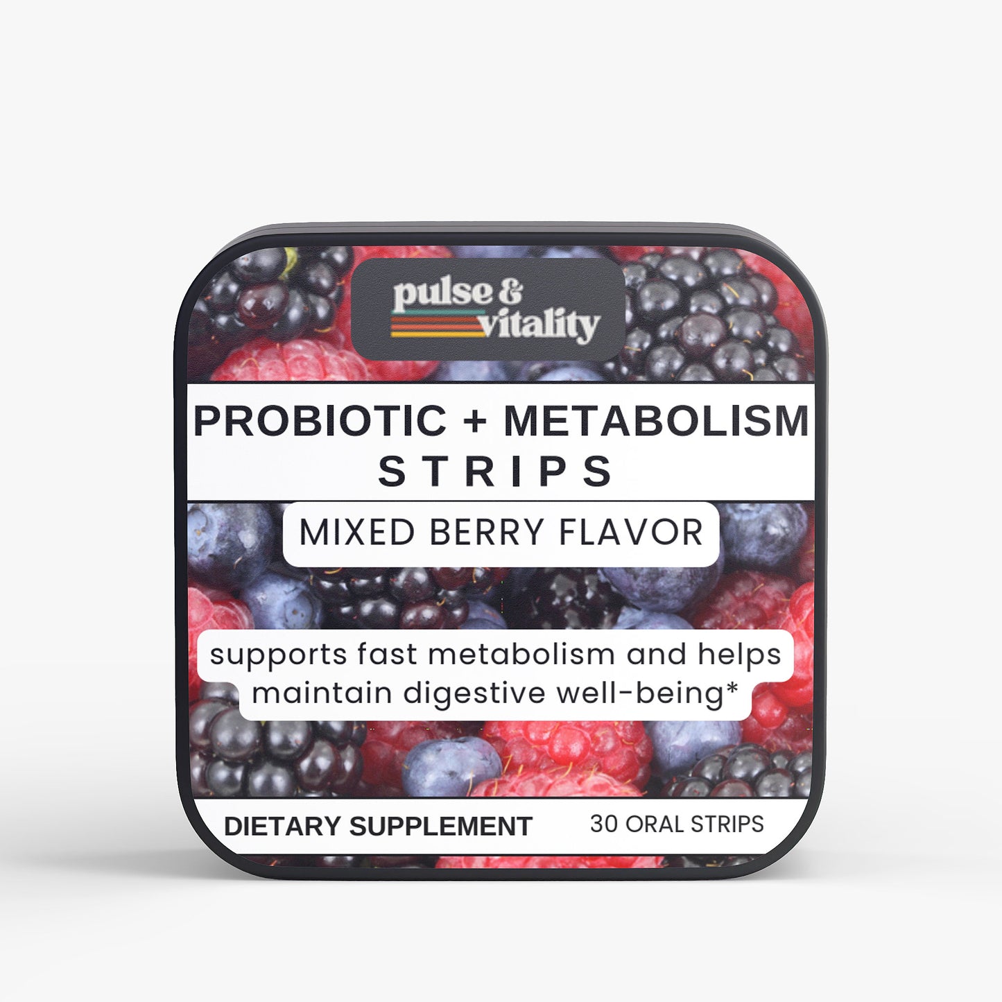 Packaging of Probiotic + Metabolism Strips with mixed berry flavor on a white background