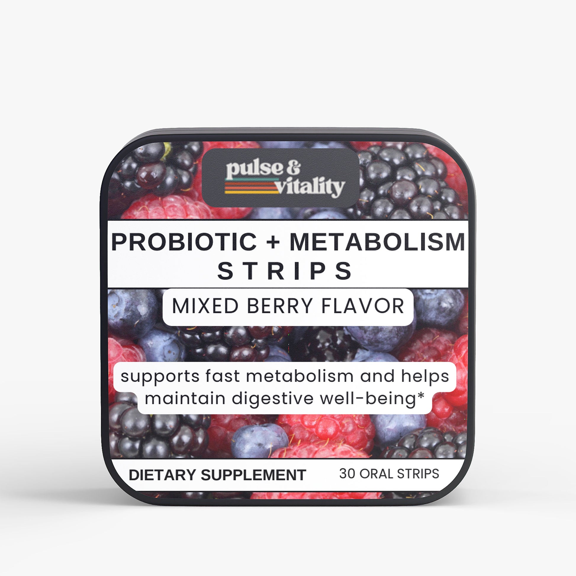 Packaging of Probiotic + Metabolism Strips with mixed berry flavor on a white background