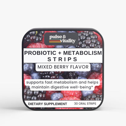 Packaging of Probiotic + Metabolism Strips with mixed berry flavor on a white background