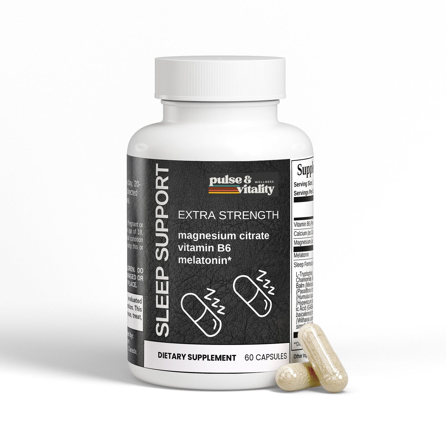 Supplement bottle labeled 'Sleep Support' with capsules on a white background