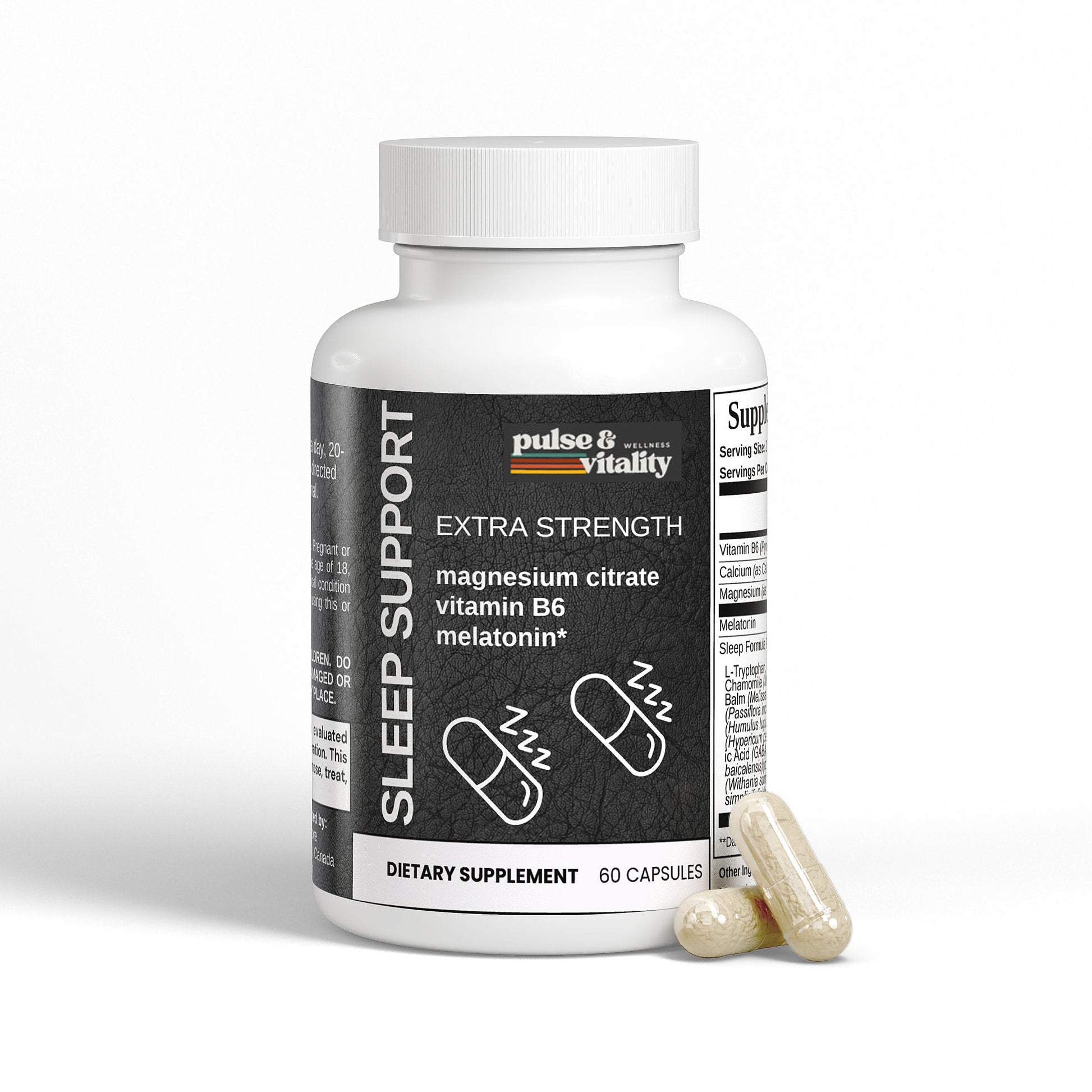Supplement bottle labeled 'Sleep Support' with capsules on a white background