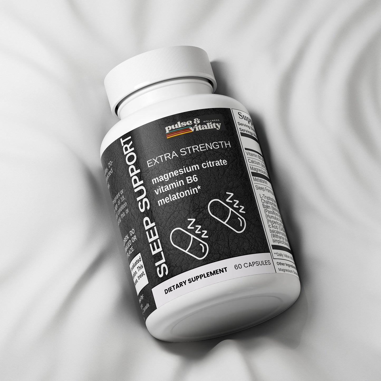 Sleep support supplement bottle on a gray fabric background