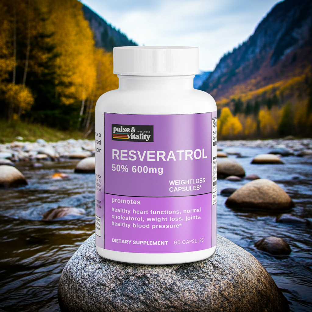 Resveratrol supplement bottle on a rock with a mountainous landscape in the background