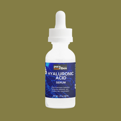 Bottle of hyaluronic acid serum with a dropper on a green background