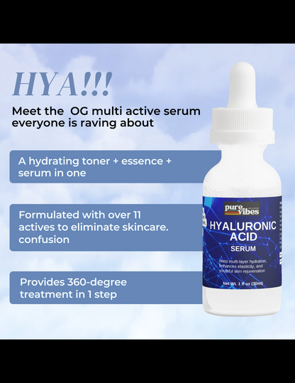 Hyaluronic acid serum bottle with promotional text on a blue background